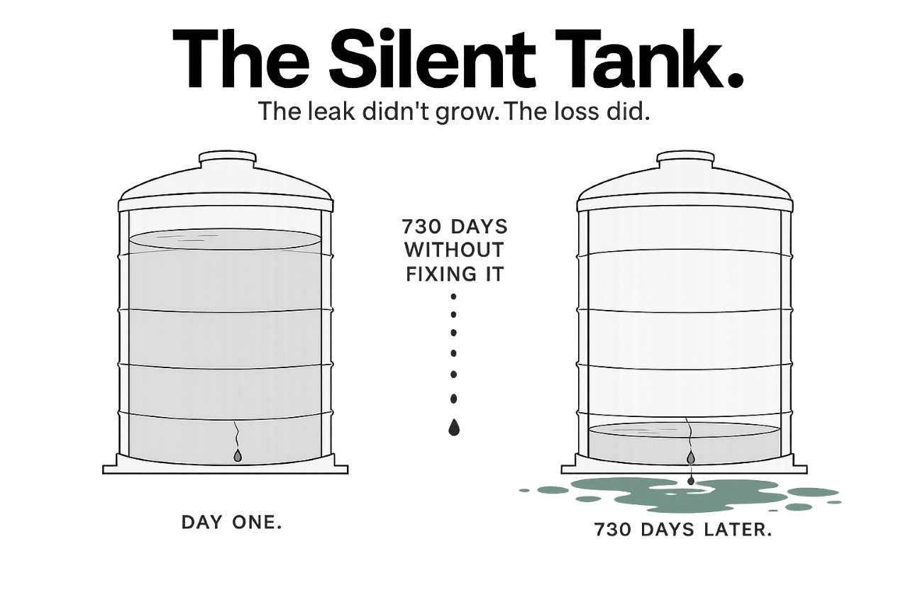 The Silent Tank — the leak didn't grow, the loss did.